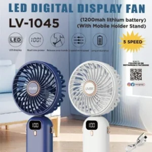 Digital Display 5 Speed rechargeable Mini Fan, Fold able, mobile holder and Strip