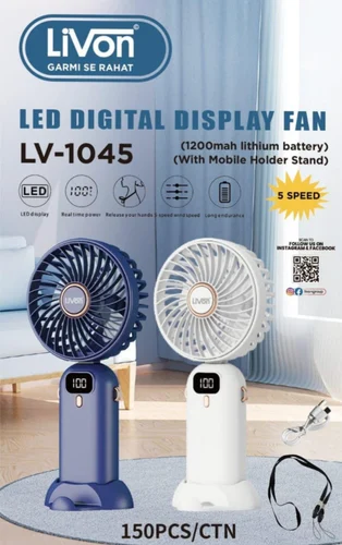 Digital Display 5 Speed rechargeable Mini Fan, Fold able, mobile holder and Strip